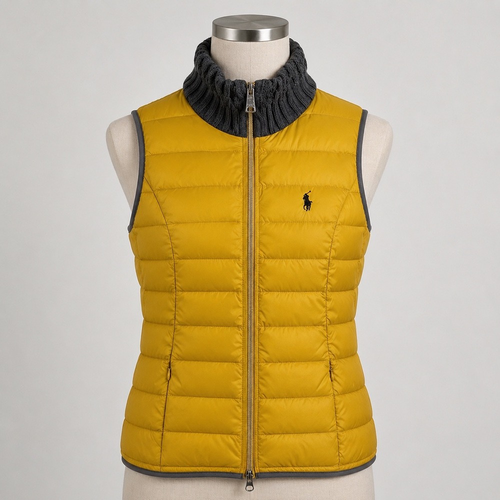 Polo Ralph Lauren Womens 2XL Yellow Puffer Vest Knit Collar Quilted Full Zip